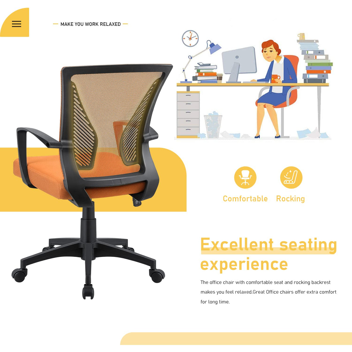 Orange Mid Back Mesh Ergonomic Office Chair with Armrest X41465