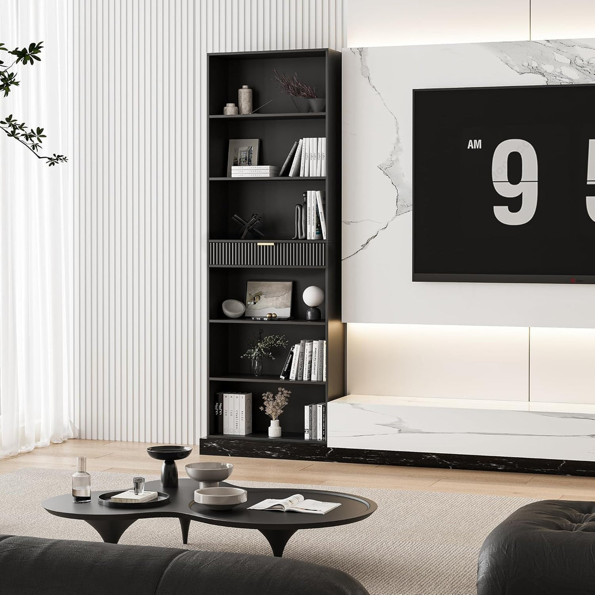 7-Tier Black Bookshelf with Drawer O64422