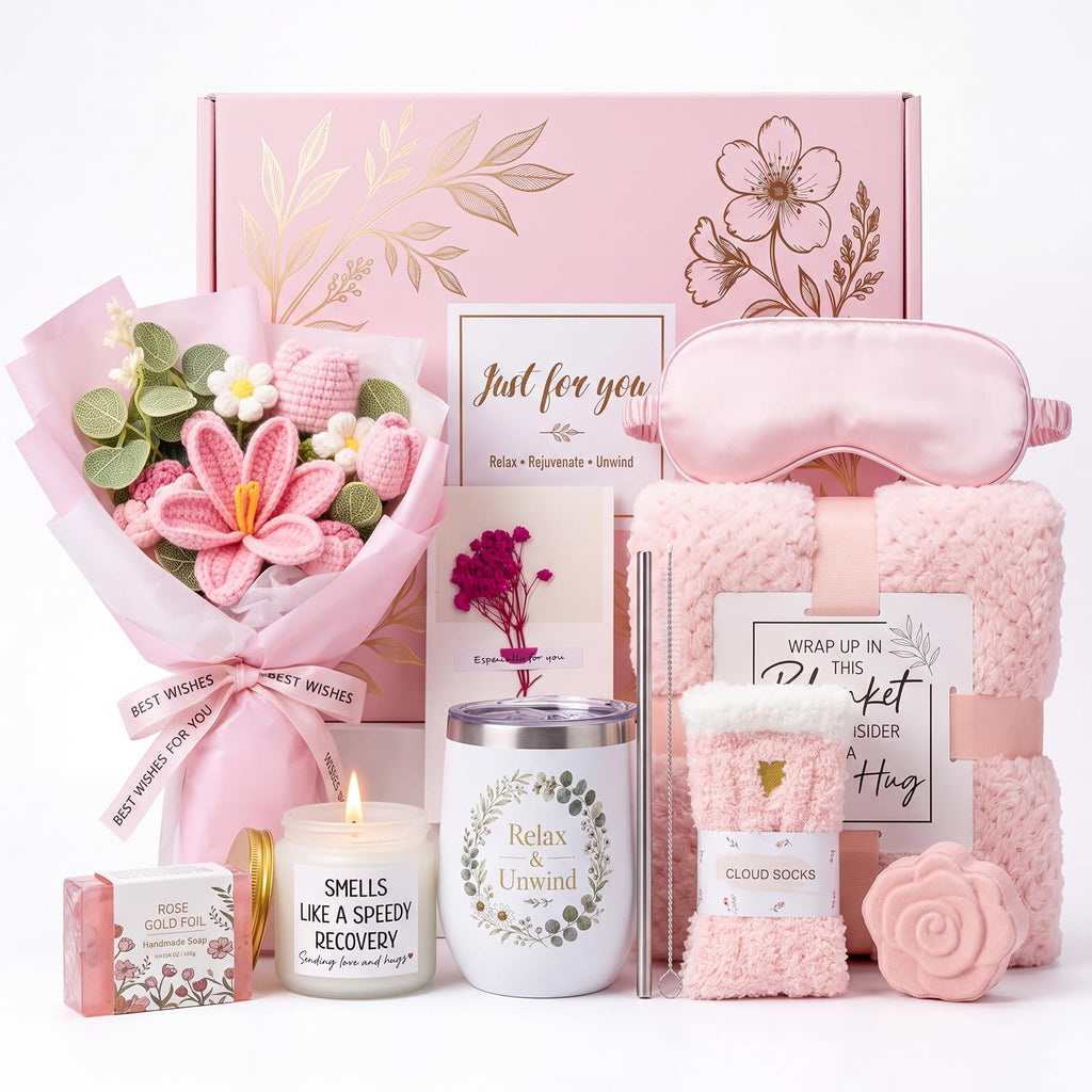 10 PCS Pink Gift Basket with Blanket, Tumbler & Crochet Flowers A700264