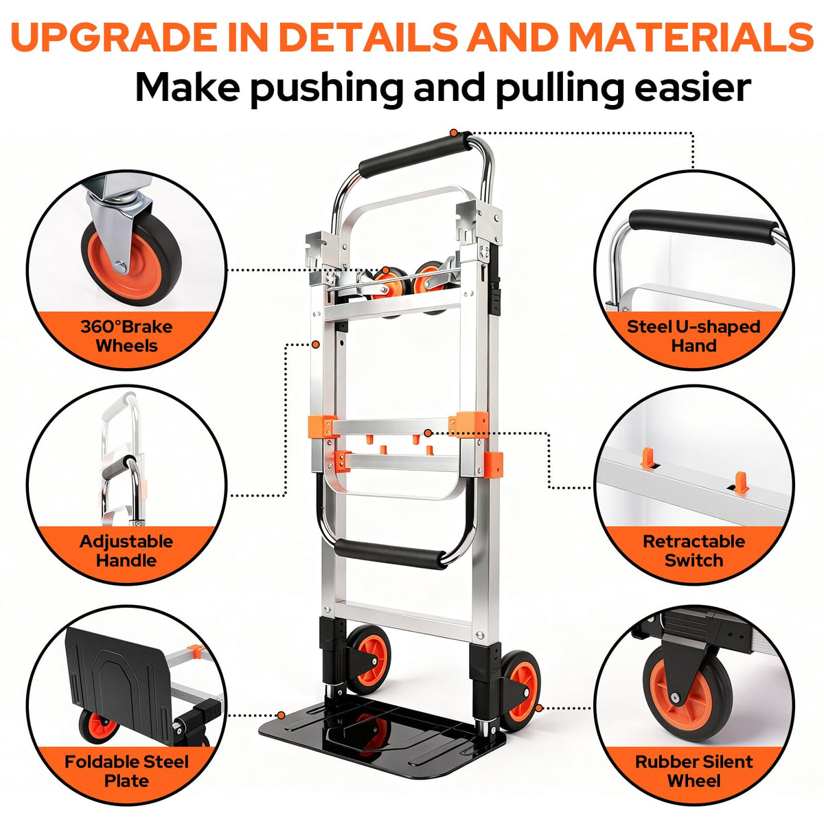 Folding Hand Truck Dolly Cart with Wheels, 500lb Load, Silver Orange U21315