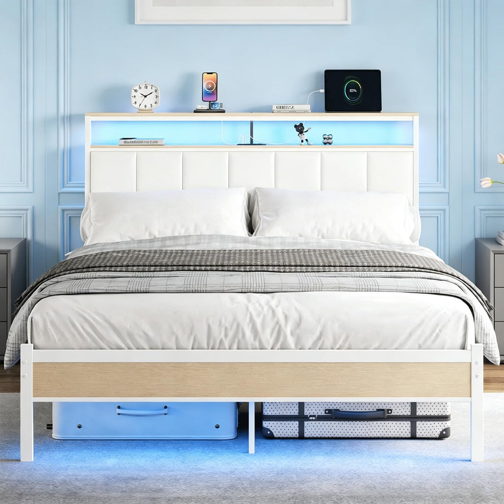 White Full Size Upholstered Platform Bed Frame with LED Lights and Storage Shelf G413
