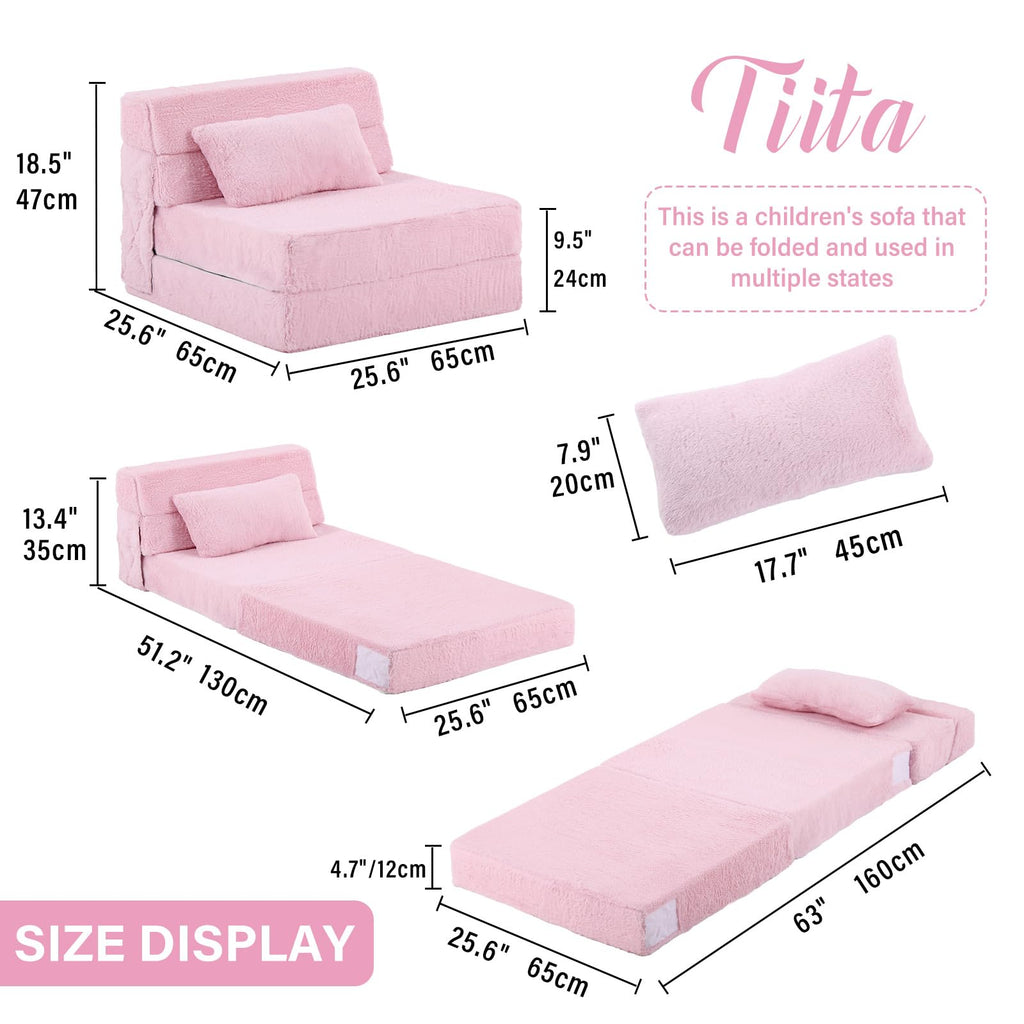 Pink Plush Convertible Folding Kids Sofa Bed with Pillow & Storage Bag O662