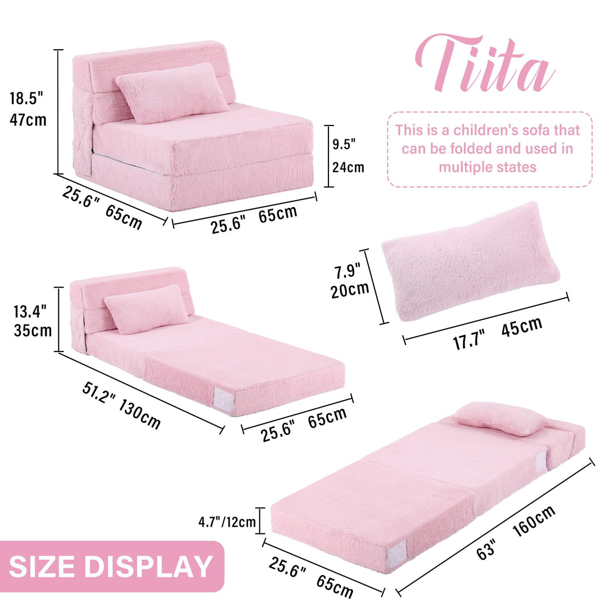 Pink Plush Convertible Folding Kids Sofa Bed with Pillow & Storage Bag O662