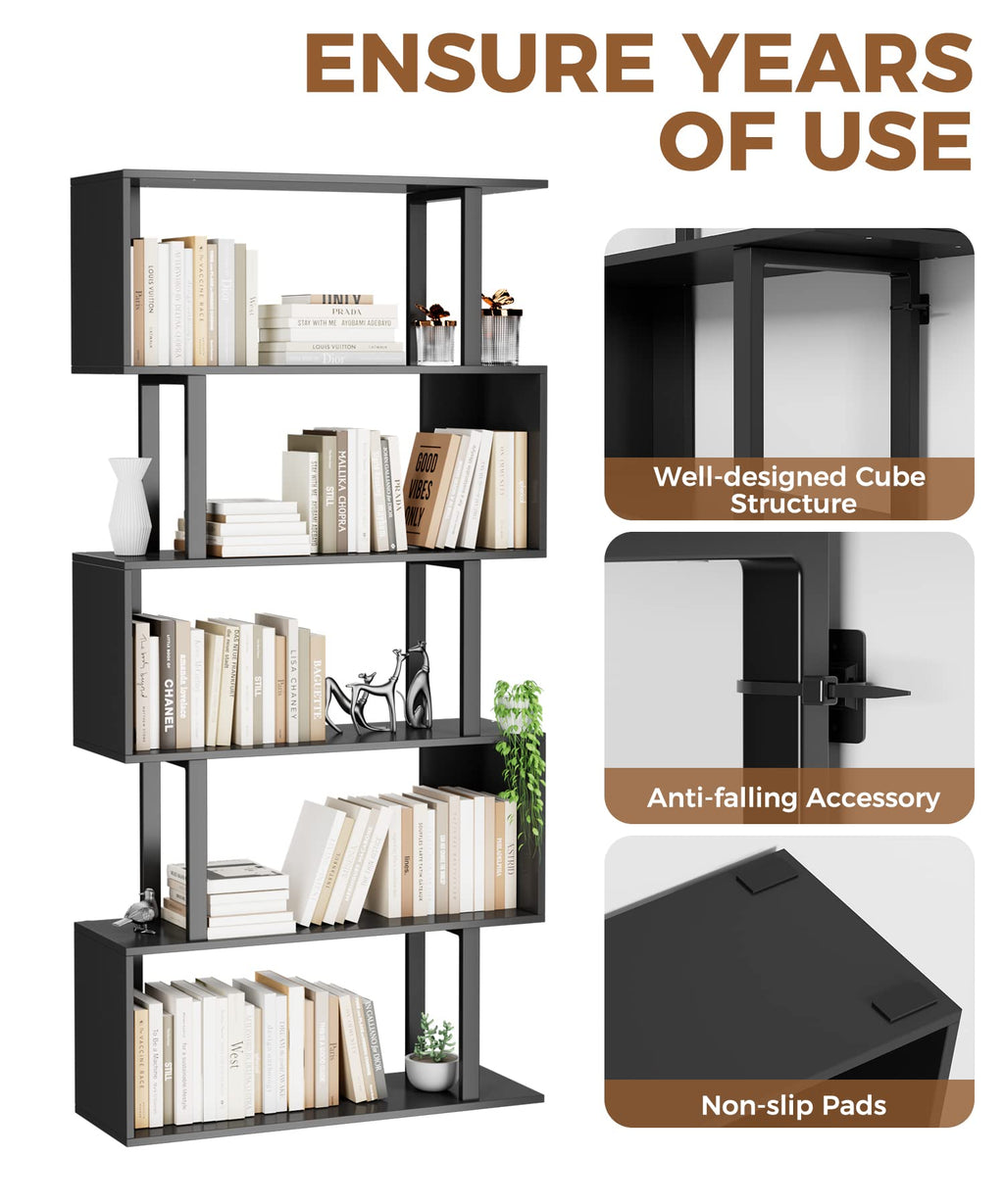 Black 5-Tier Geometric Wood Bookcase V43781