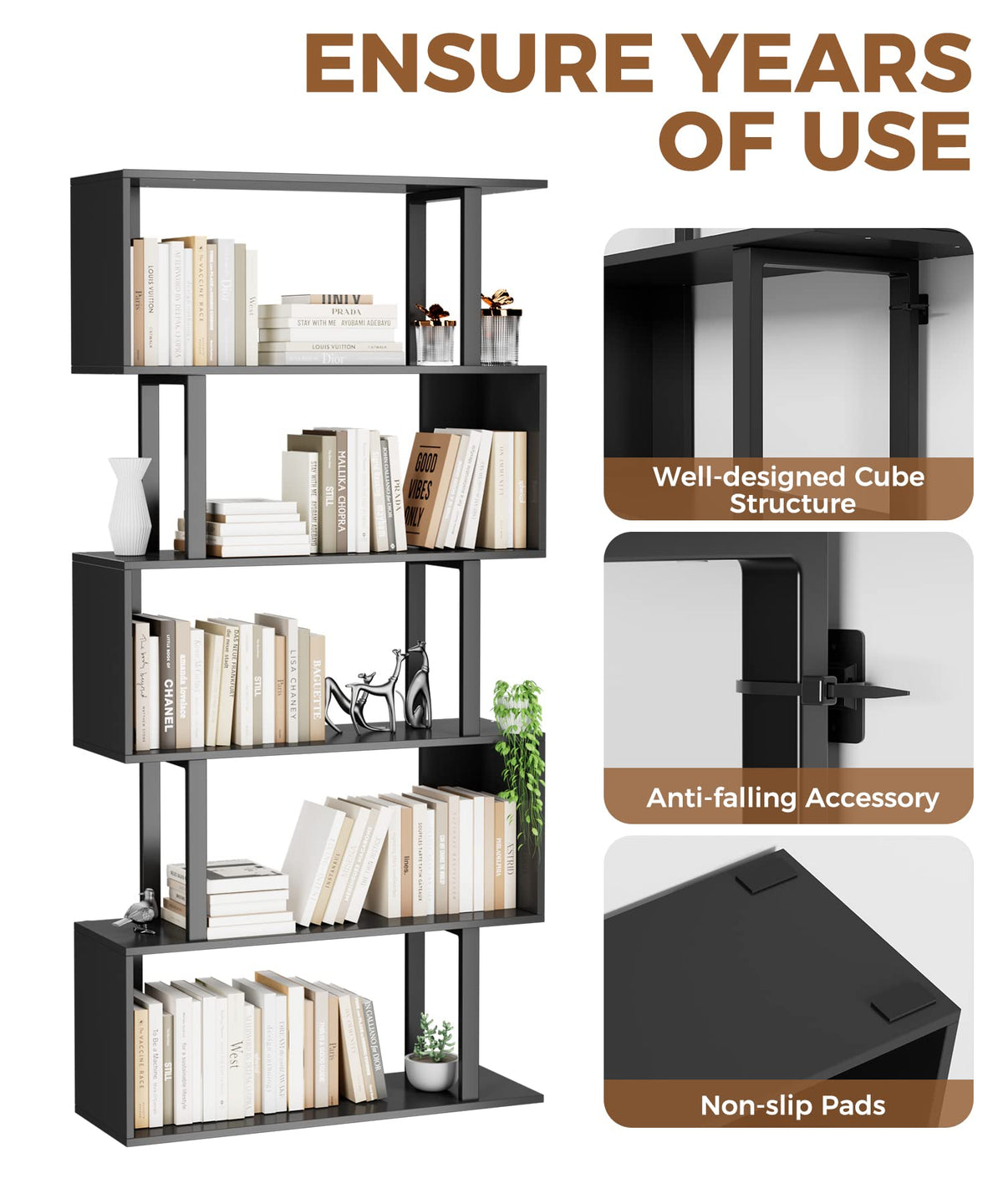 Black 5-Tier Geometric Wood Bookcase V43781