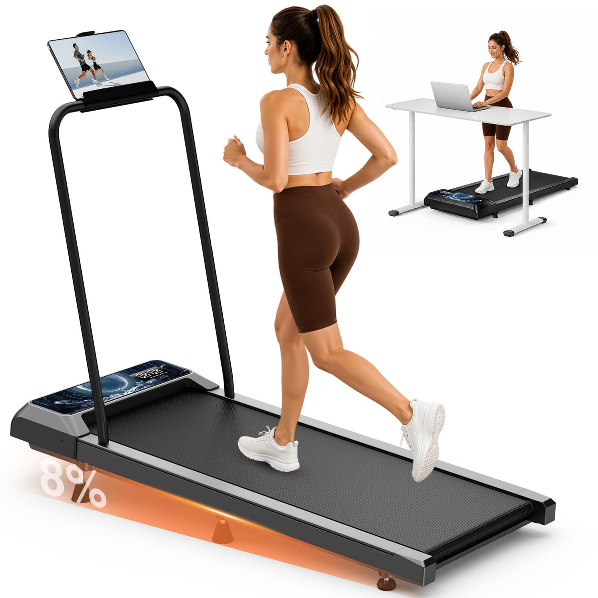 Walking Treadmill Pad with Adjustable 8% Incline and Handle Bar W333983