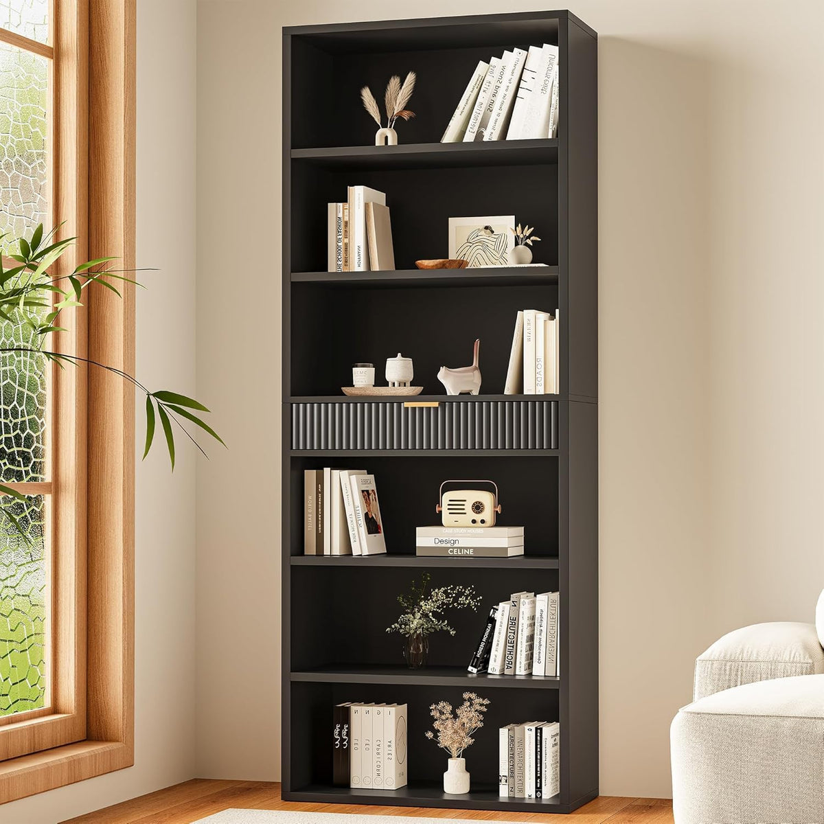 7-Tier Black Bookshelf with Drawer O64422