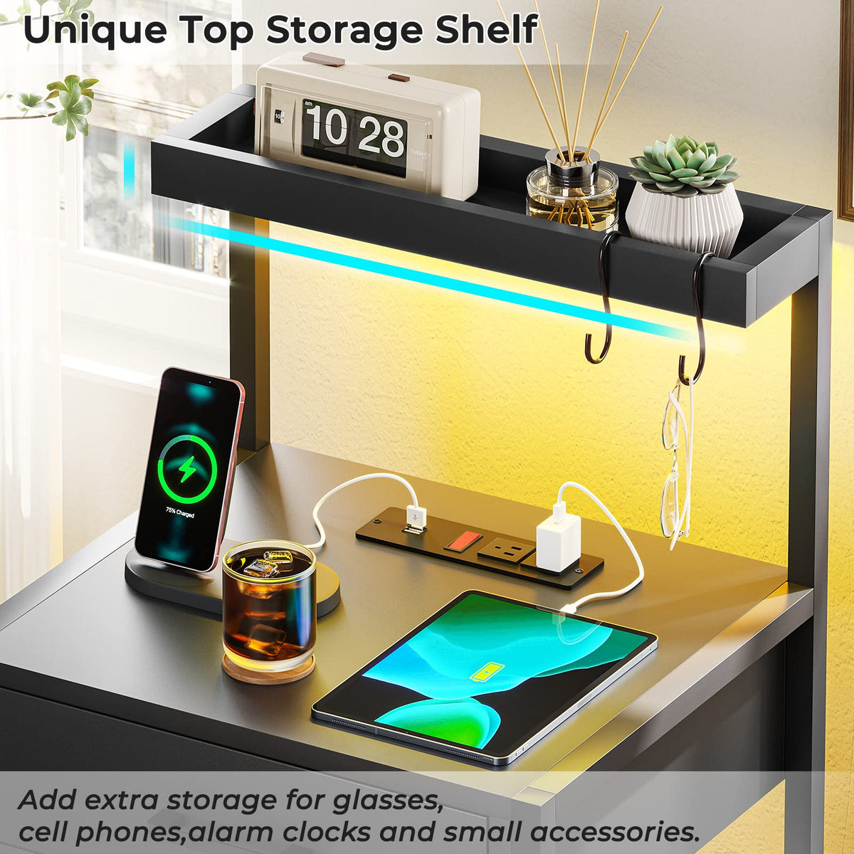 Black Nightstand with Charging Station and LED Lights, 3 Drawers R595170