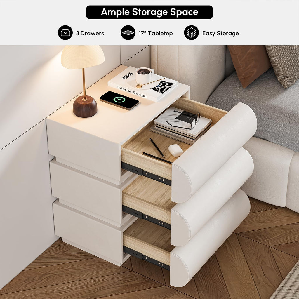 Off White Faux Leather 3 Drawer Nightstand O19354