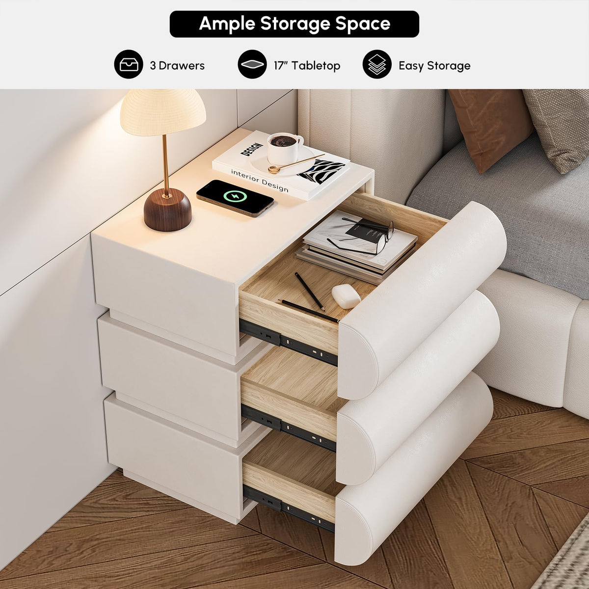 Off White Faux Leather 3 Drawer Nightstand O19354