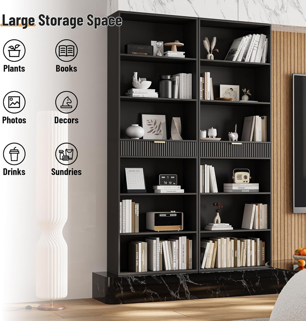 7-Tier Black Bookshelf with Drawer O64422