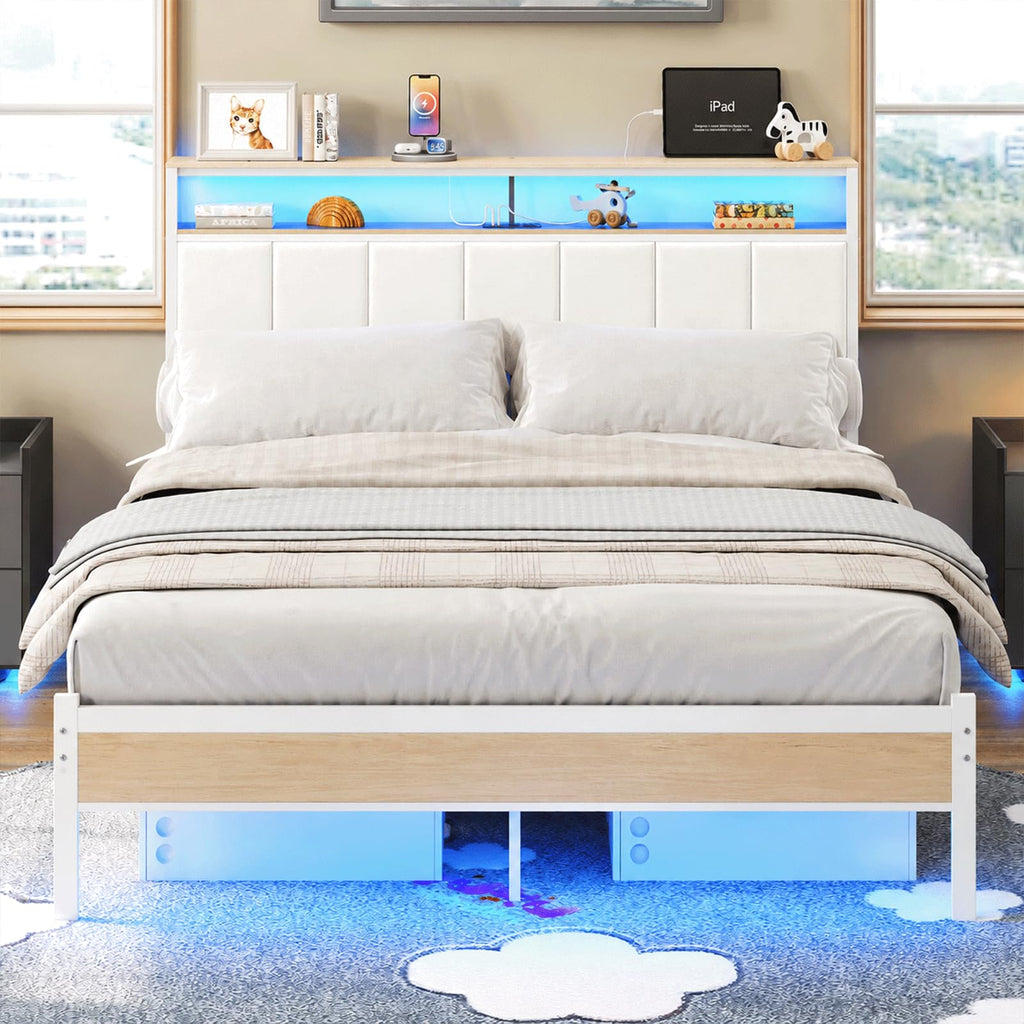 White Full Size Upholstered Platform Bed Frame with LED Lights and Storage Shelf G413