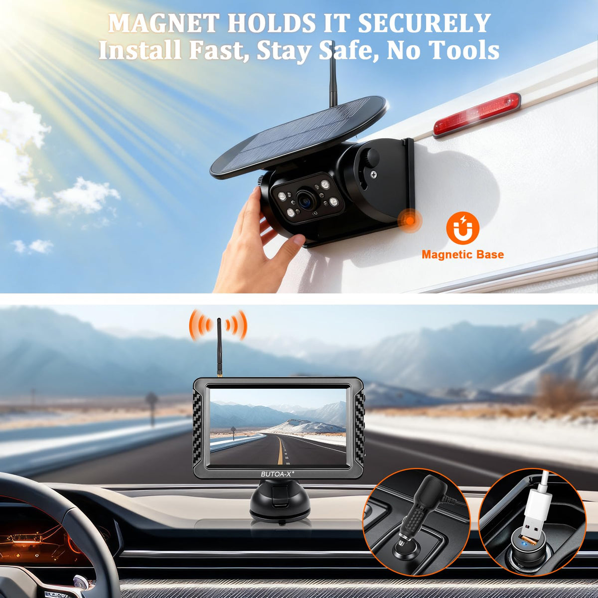 Magnetic Solar Wireless Backup Camera with 5" HD Monitor W4270