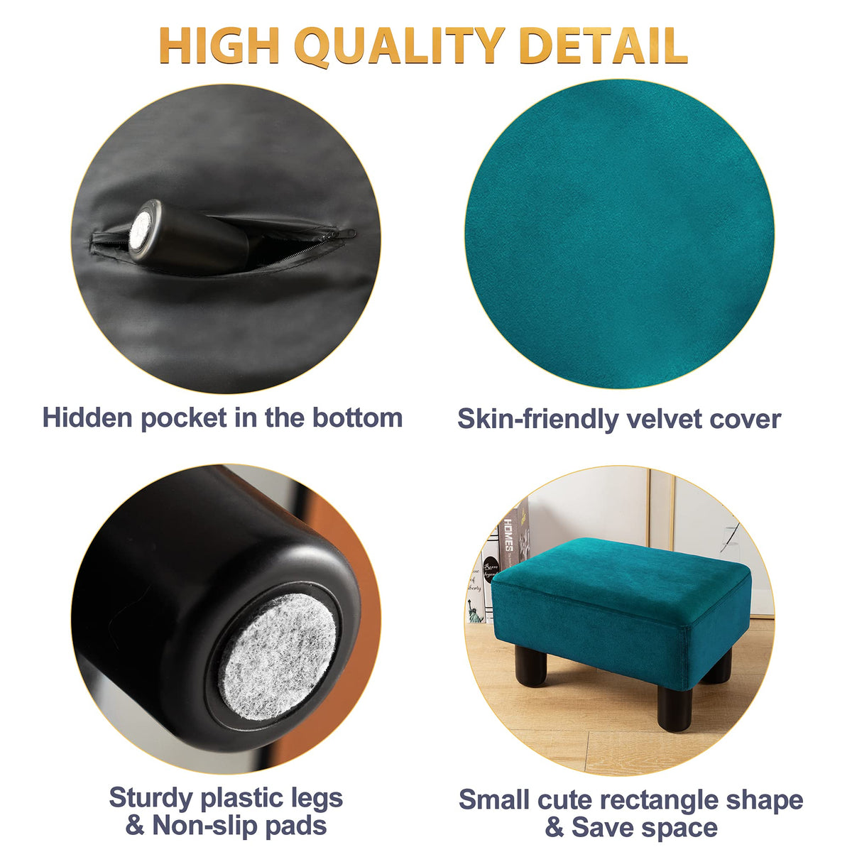Small Teal Velvet Rectangle Foot Stool Ottoman L98015