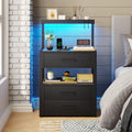 Black Nightstand with Charging Station and LED Lights, 3 Drawers R595170