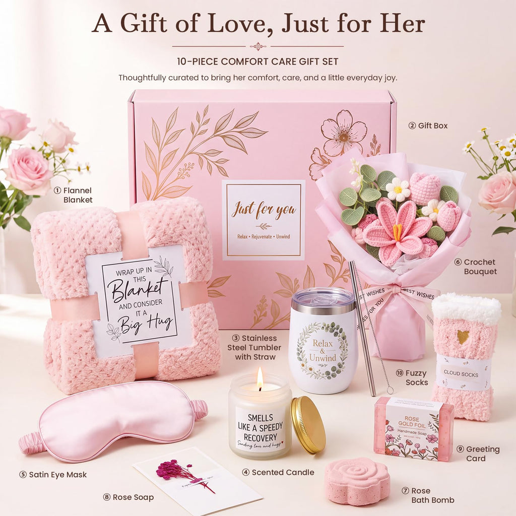 10 PCS Pink Gift Basket with Blanket, Tumbler & Crochet Flowers A700264