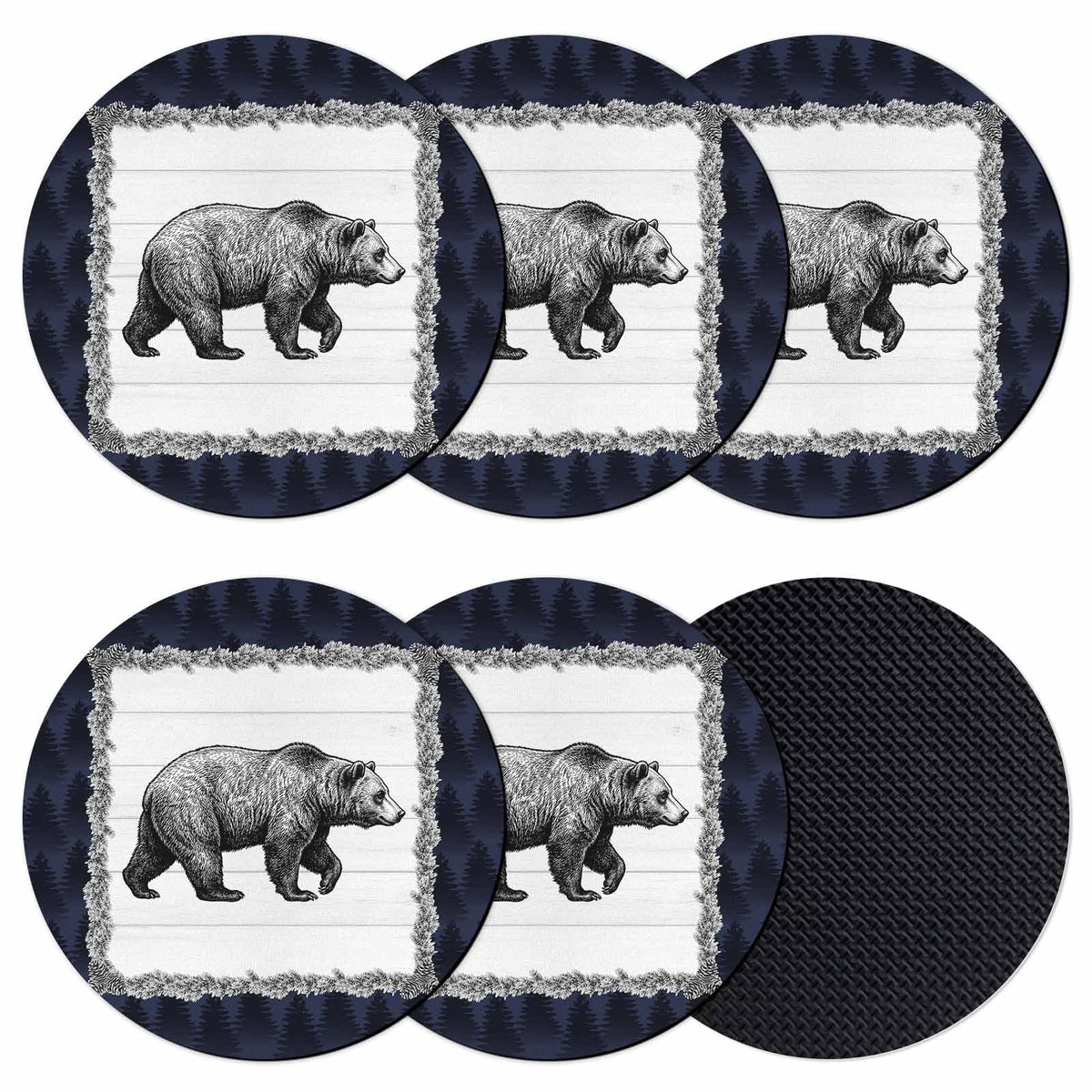 Black White Bear Round Absorbent Coasters Set of 6 K62353