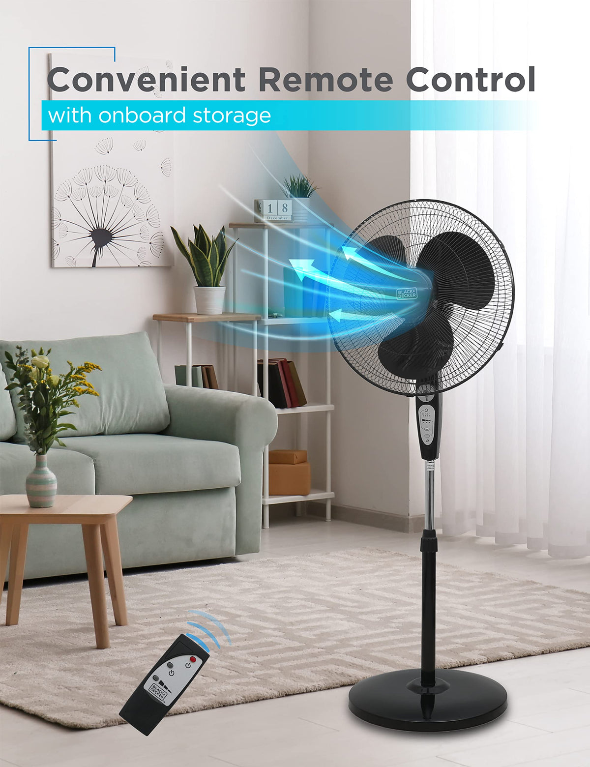 18" Oscillating Pedestal Fan with Remote, Black S730