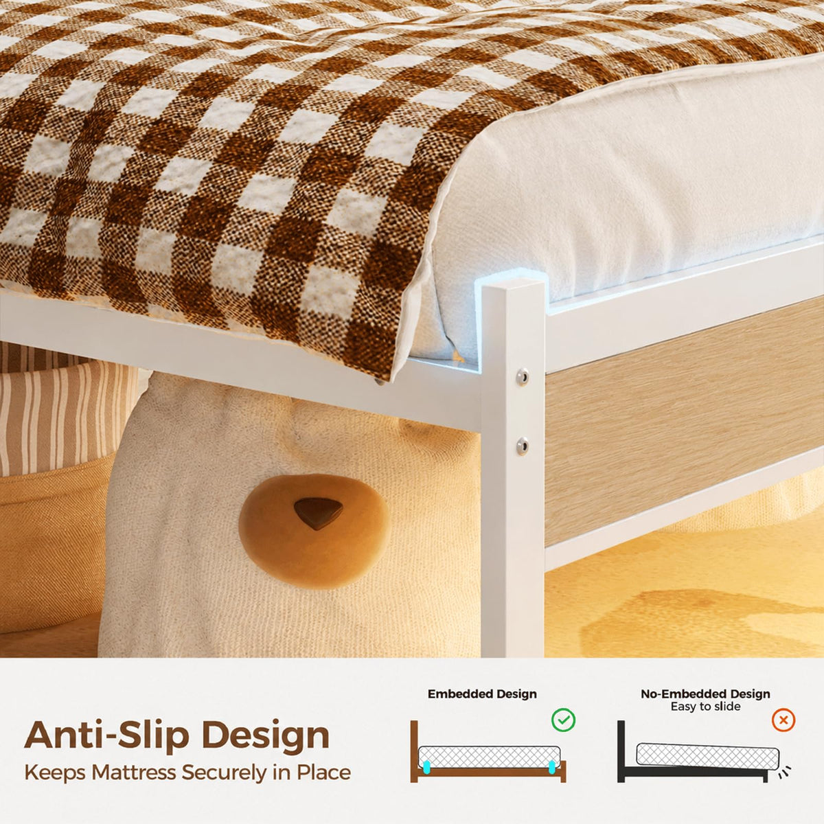 White Full Size Upholstered Platform Bed Frame with LED Lights and Storage Shelf G413