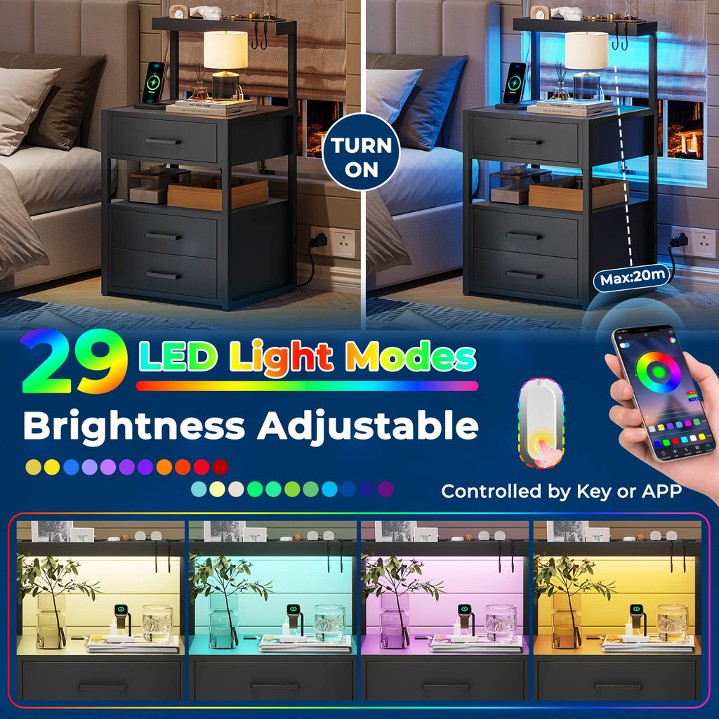 Black Nightstand with Charging Station and LED Lights, 3 Drawers R595170