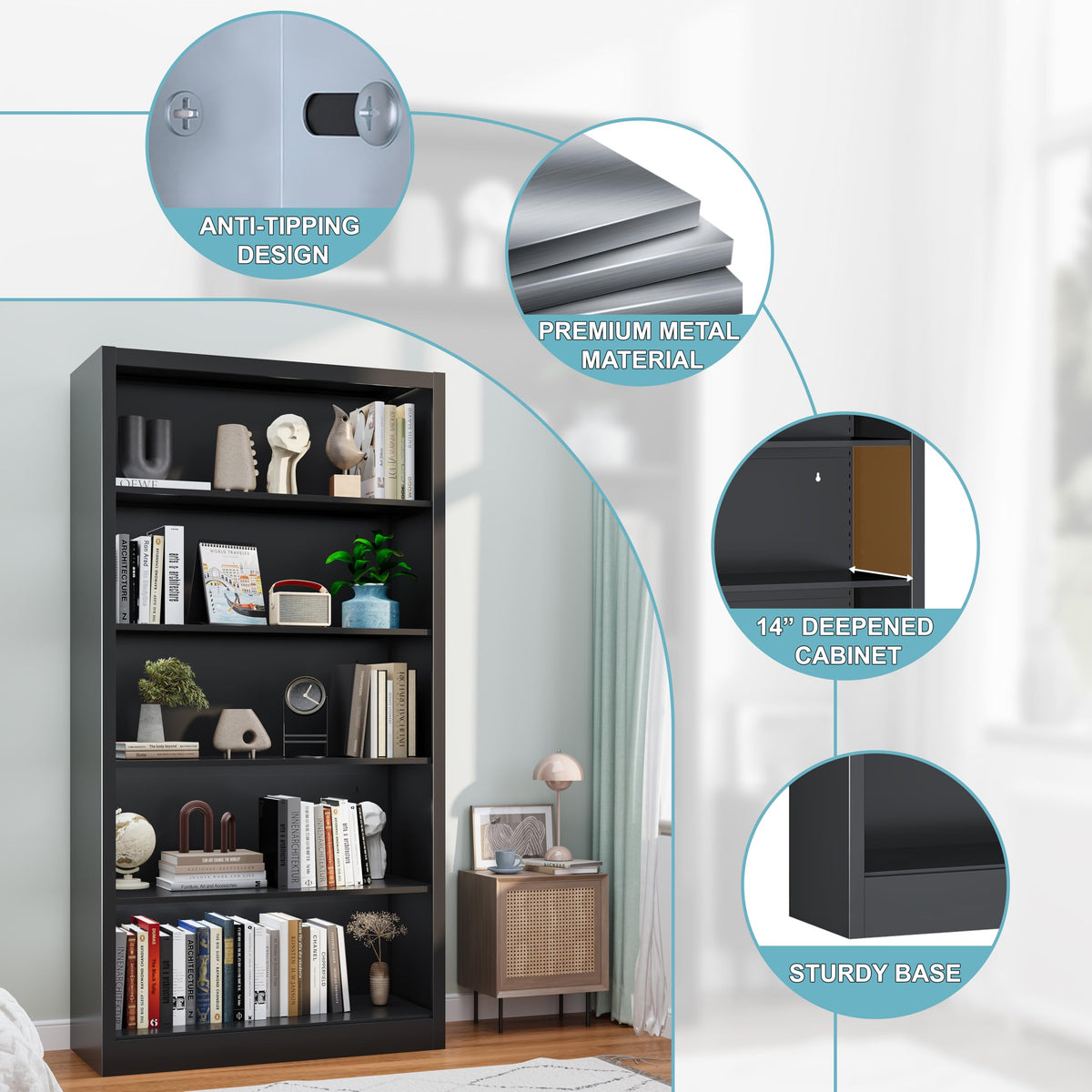Black 5-Tier Adjustable Metal Bookshelf K500