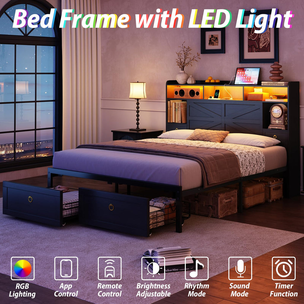 Queen Size Wood Bed Frame with Storage Headboard and 4 Drawers N474183