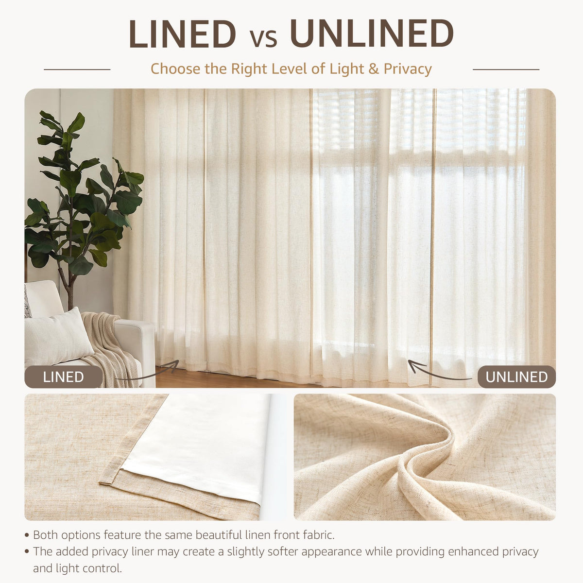 Linen Curtain 84 Inch Light Filtering Grommet 1 Panel Beige X8889