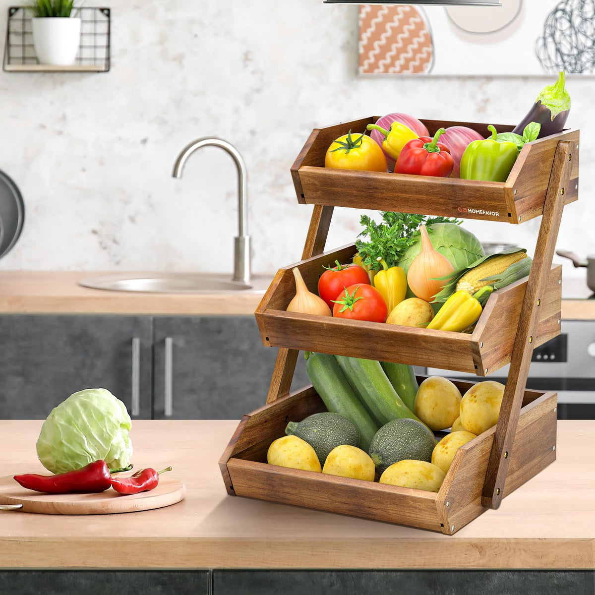 3-Tier Acacia Wood Fruit Basket I711