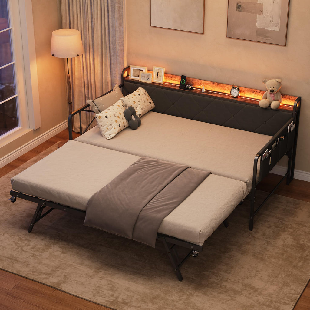 Twin Daybed with Upholstered Headboard and Trundle, Black F6285