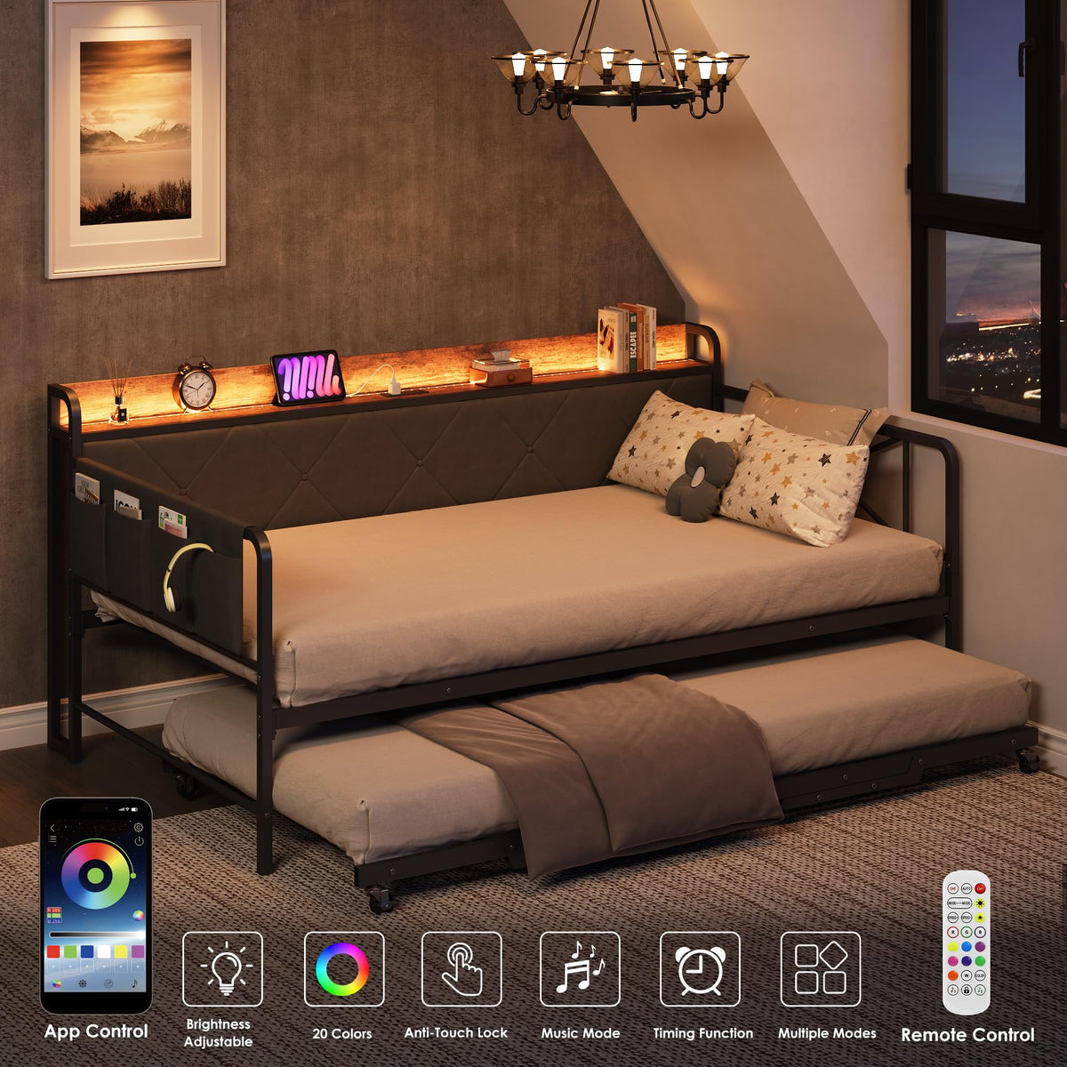 Twin Daybed with Upholstered Headboard and Trundle, Black F6285