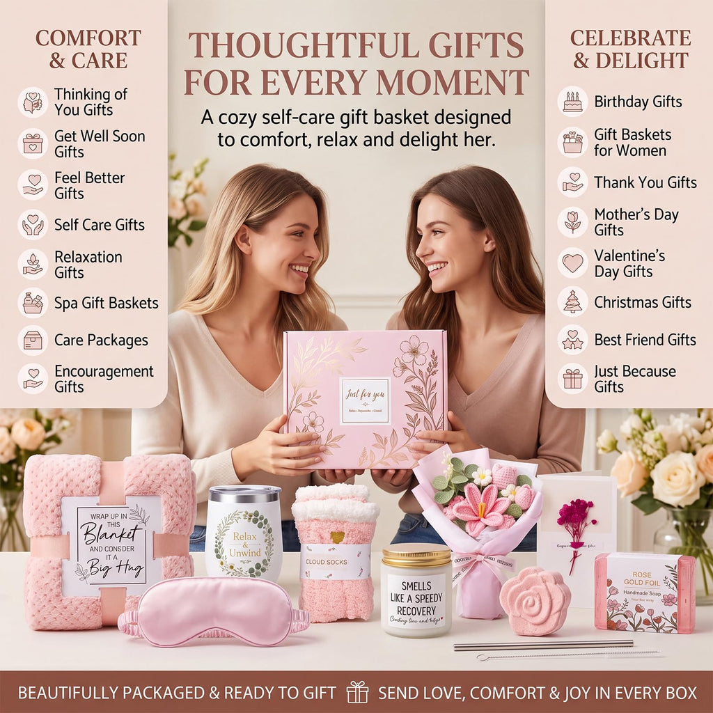 10 PCS Pink Gift Basket with Blanket, Tumbler & Crochet Flowers A700264