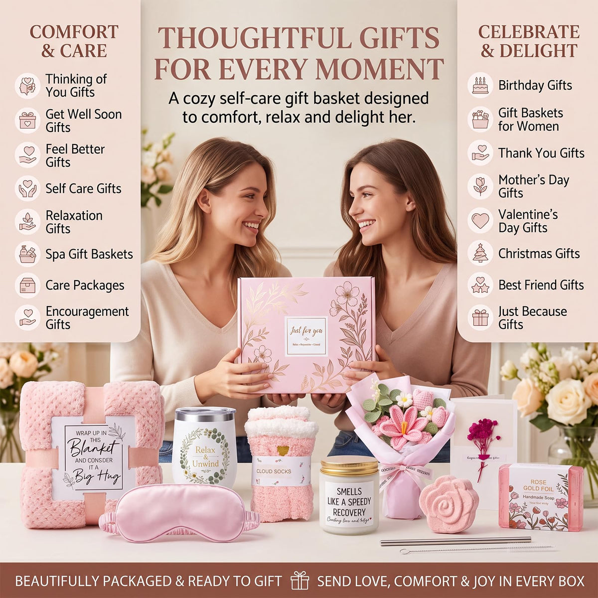 10 PCS Pink Gift Basket with Blanket, Tumbler & Crochet Flowers A700264