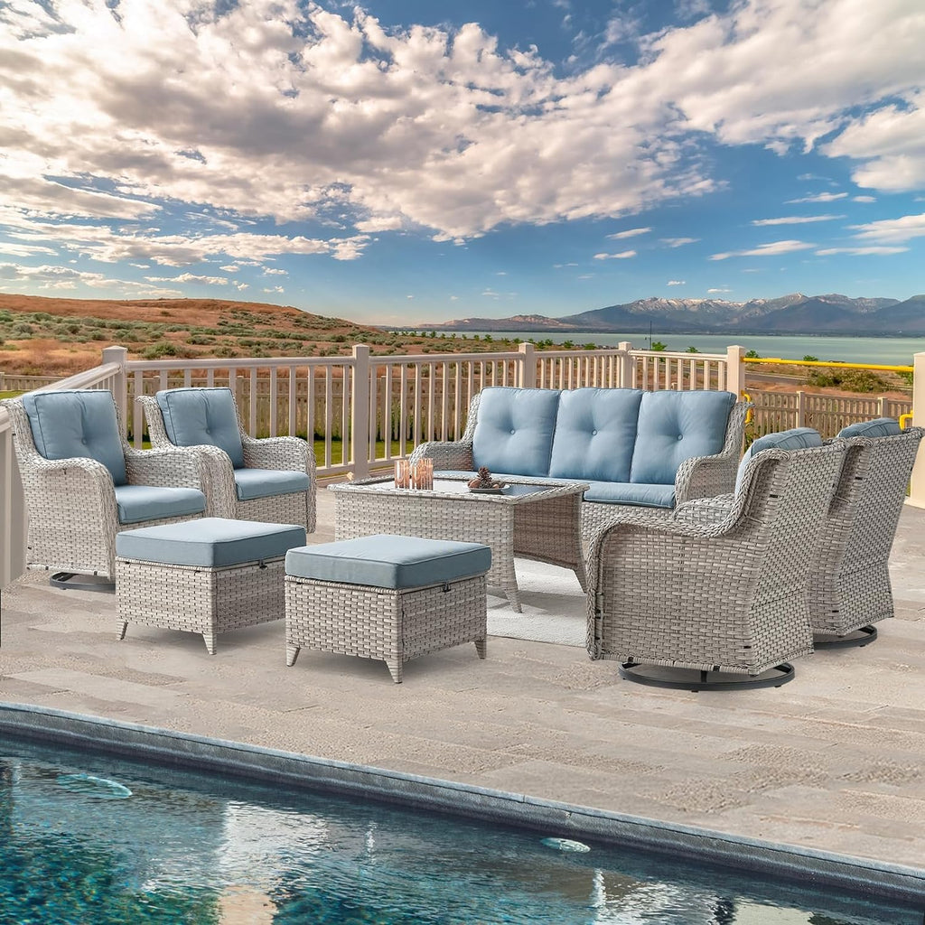 8 Piece Wicker Patio Furniture Conversation Set with Swivel Rocker Chairs, Sofa, Ottomans and Coffee Table D4251