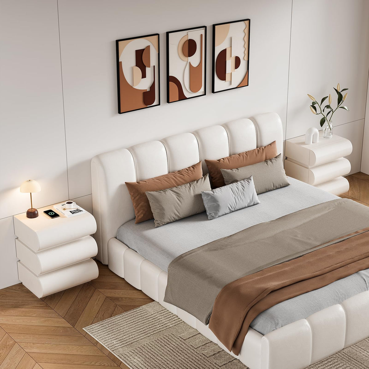 Off White Faux Leather 3 Drawer Nightstand O19354
