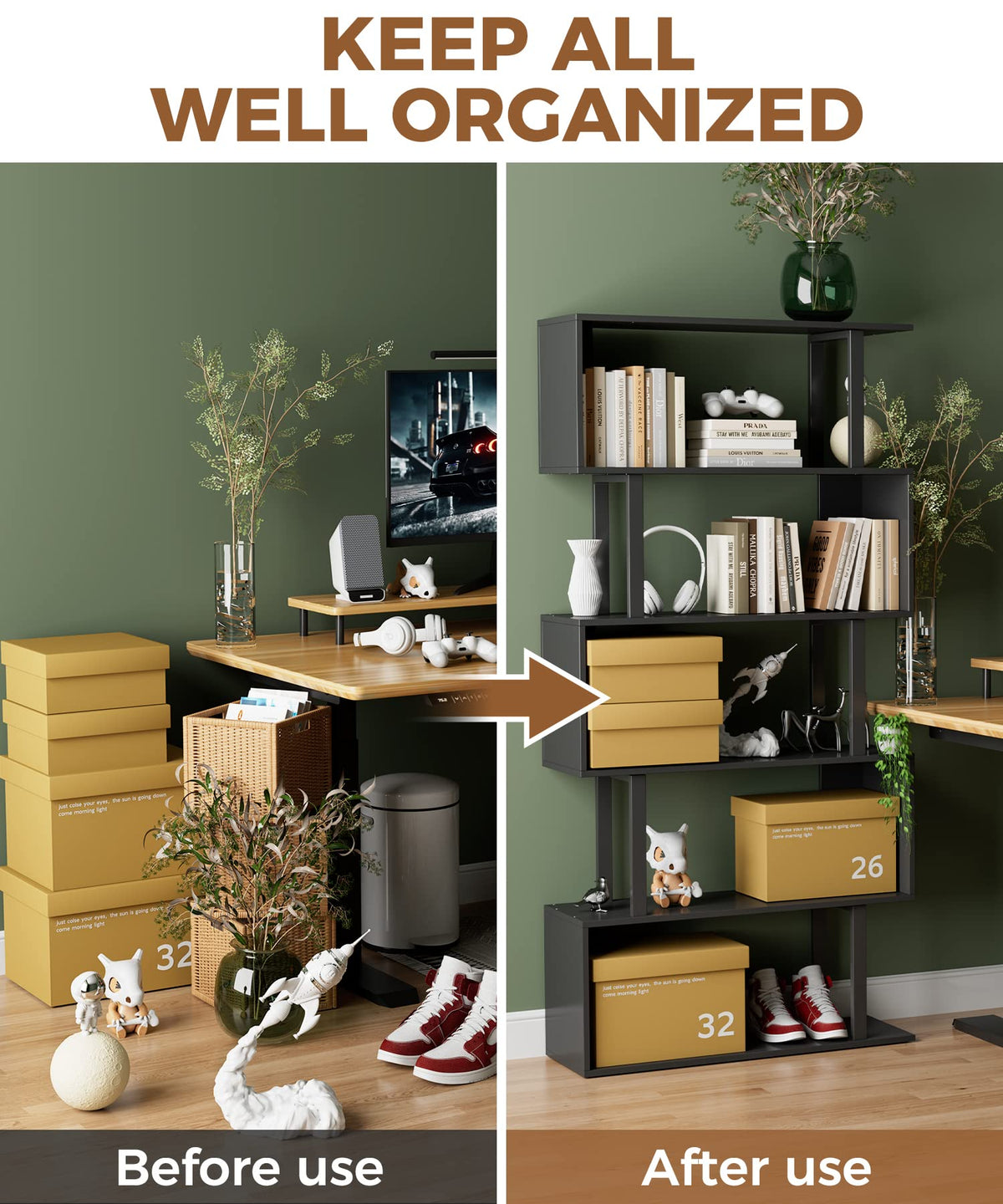 Black 5-Tier Geometric Wood Bookcase V43781