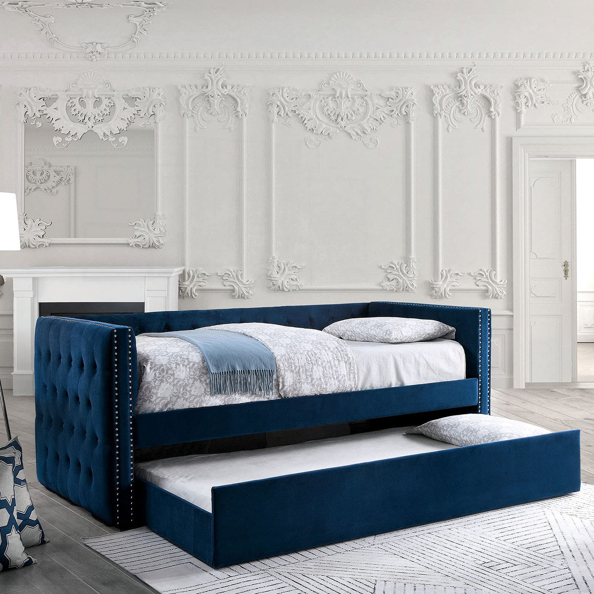 Navy Daybed with Trundle Button Tufted Upholstery F751