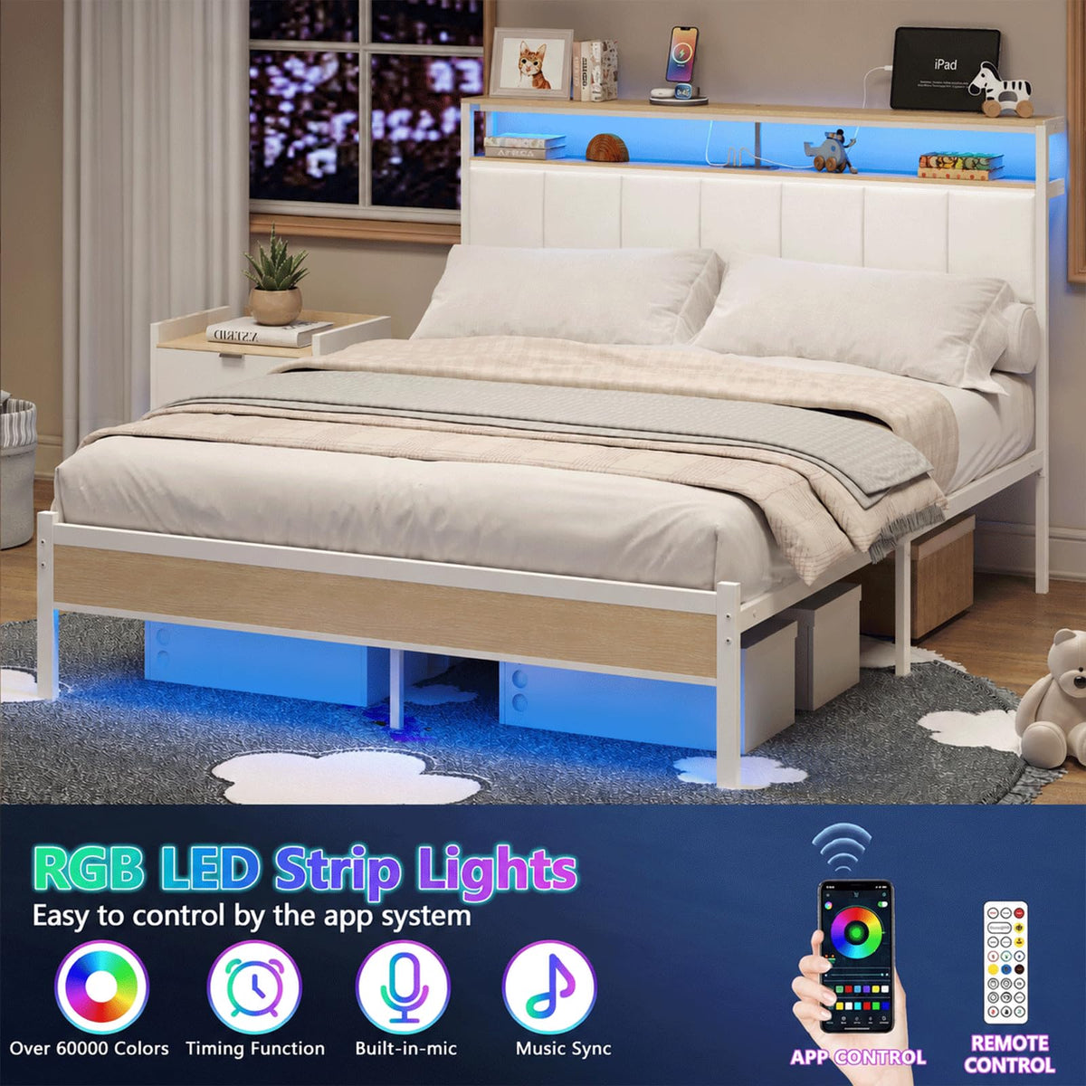 White Full Size Upholstered Platform Bed Frame with LED Lights and Storage Shelf G413