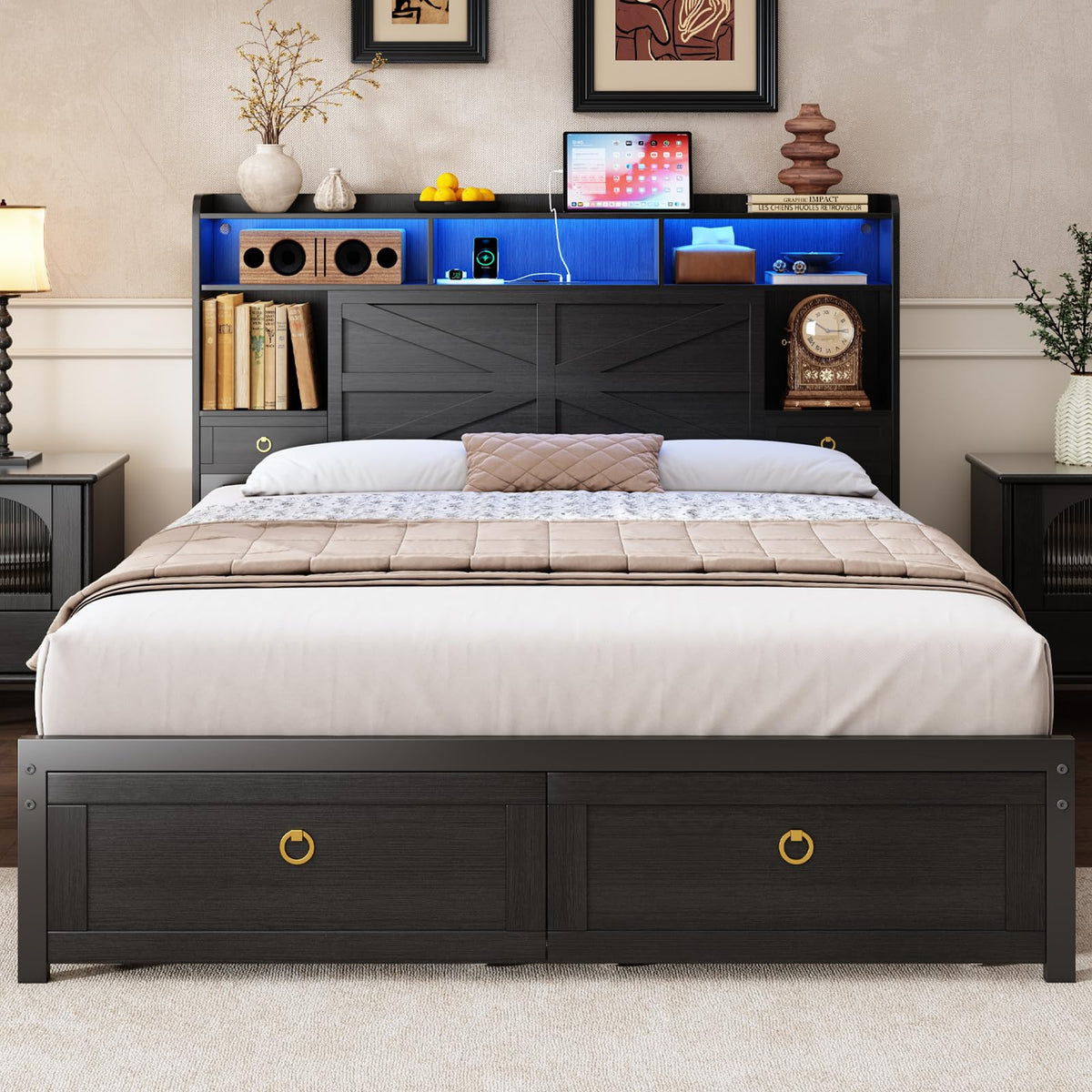 Queen Size Wood Bed Frame with Storage Headboard and 4 Drawers N474183