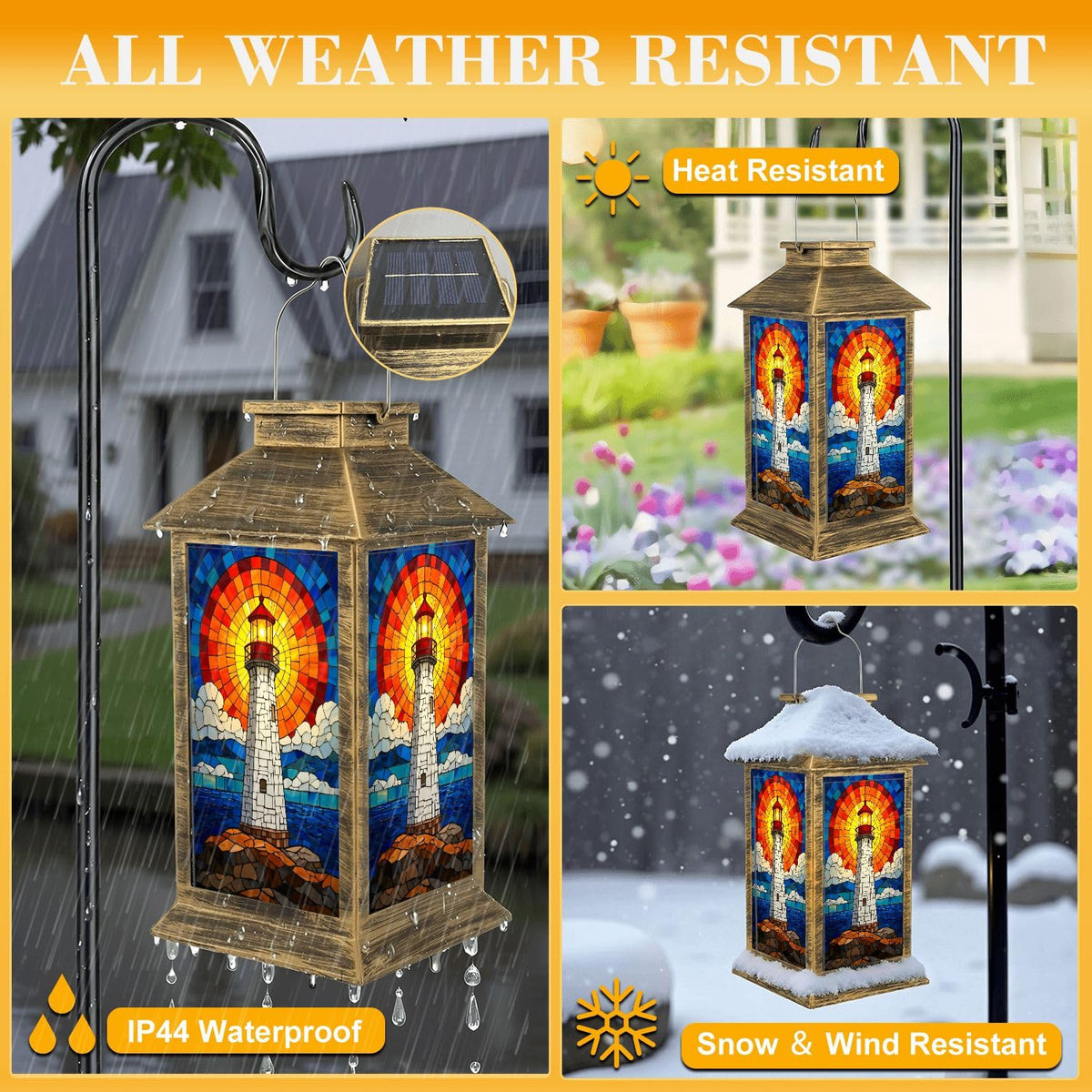 Solar Lantern Outdoor Waterproof Stained Glass LED Hanging Solar Lights O323355