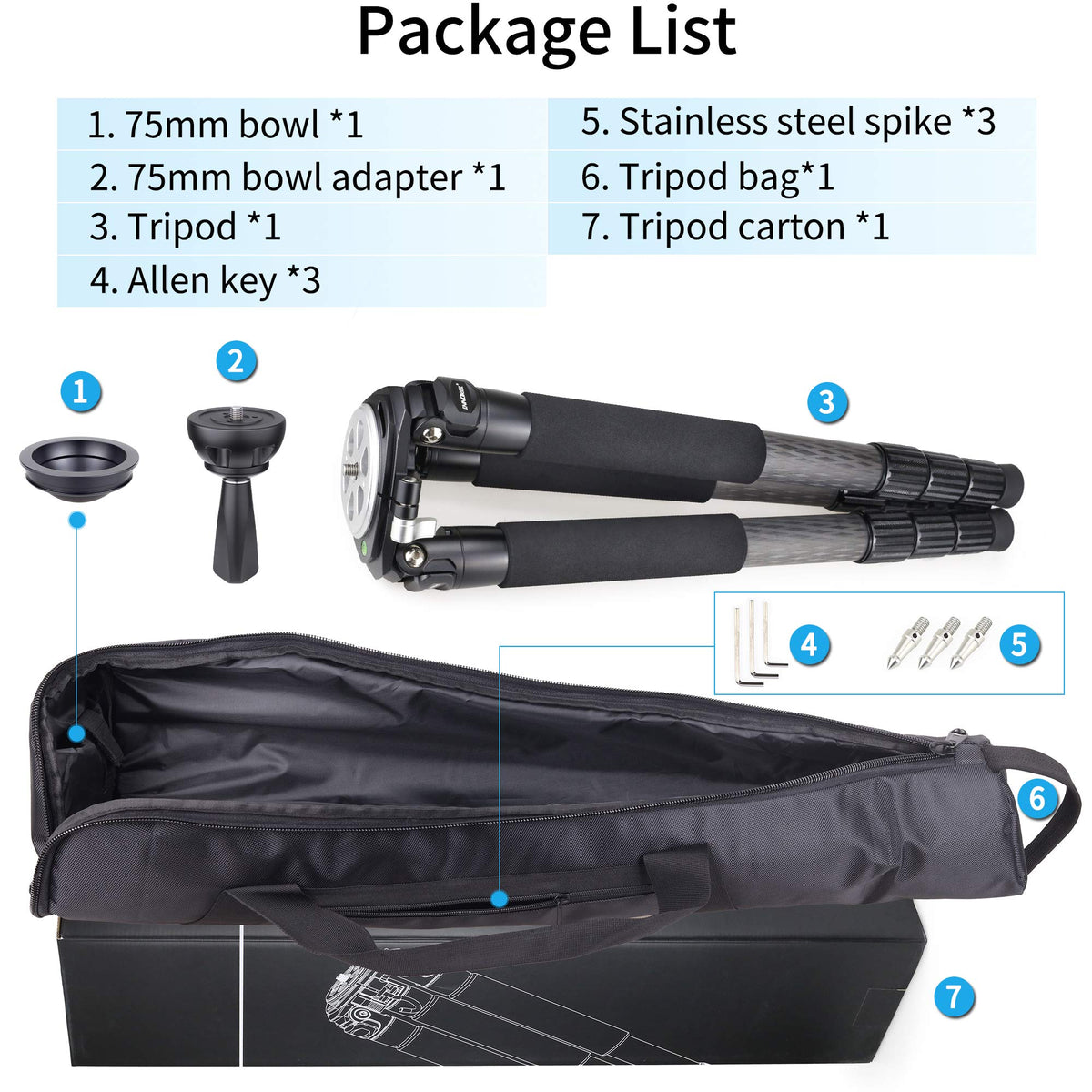 Carbon Fiber Heavy Duty Tripod with 75mm Bowl Adapter 63 inch Black L1238