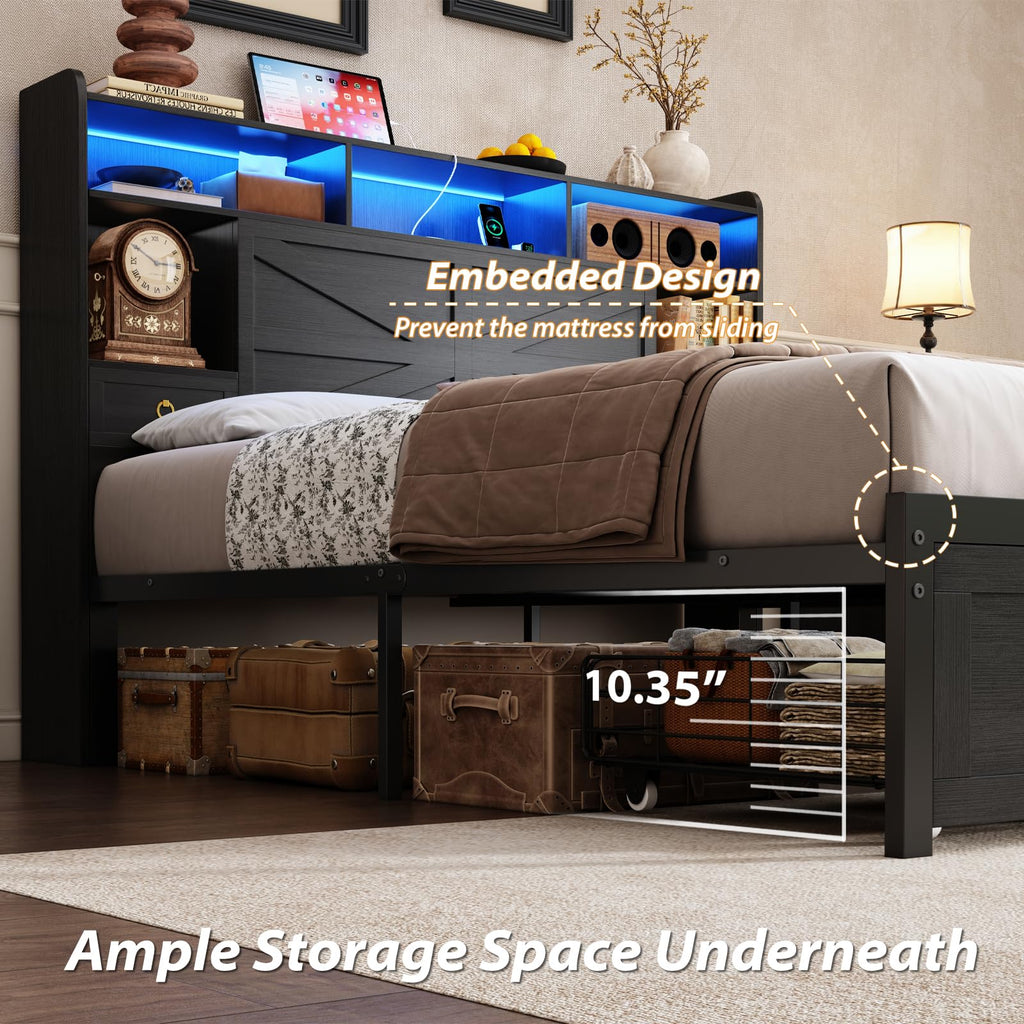 Queen Size Wood Bed Frame with Storage Headboard and 4 Drawers N474183
