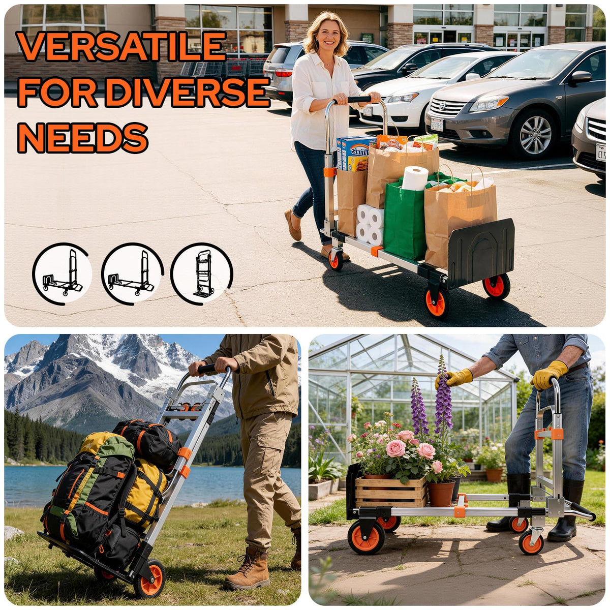 Folding Hand Truck Dolly Cart with Wheels, 500lb Load, Silver Orange U21315