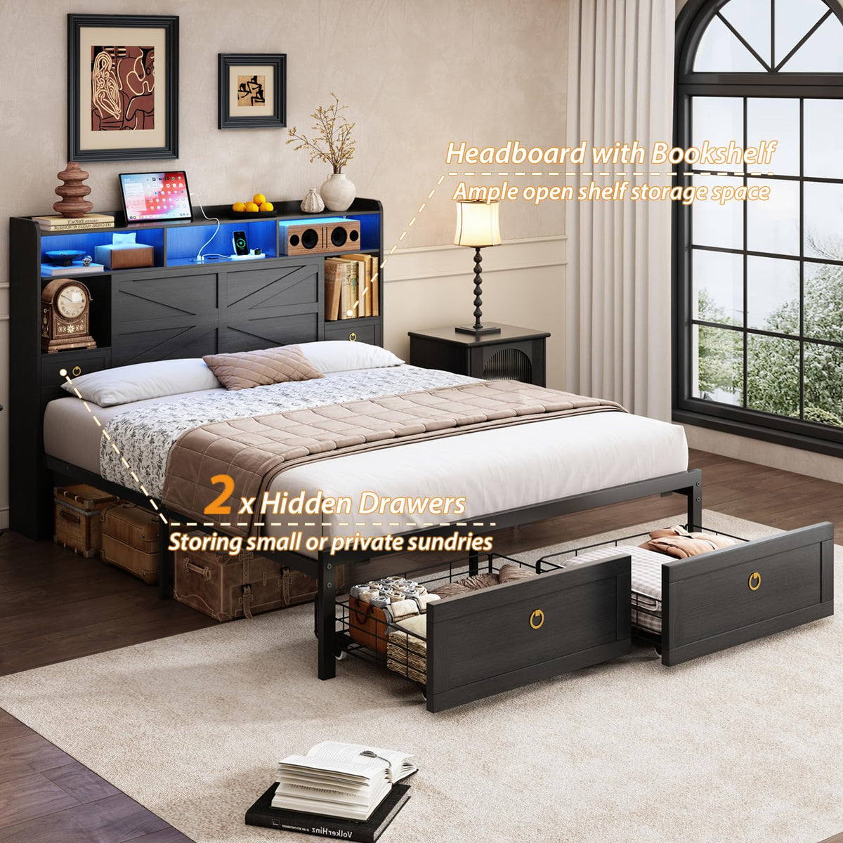 Queen Size Wood Bed Frame with Storage Headboard and 4 Drawers N474183