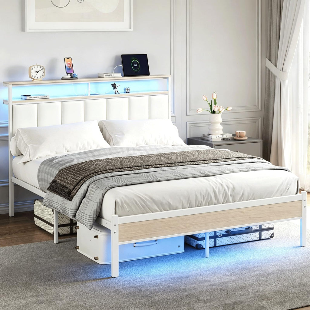 White Full Size Upholstered Platform Bed Frame with LED Lights and Storage Shelf G413