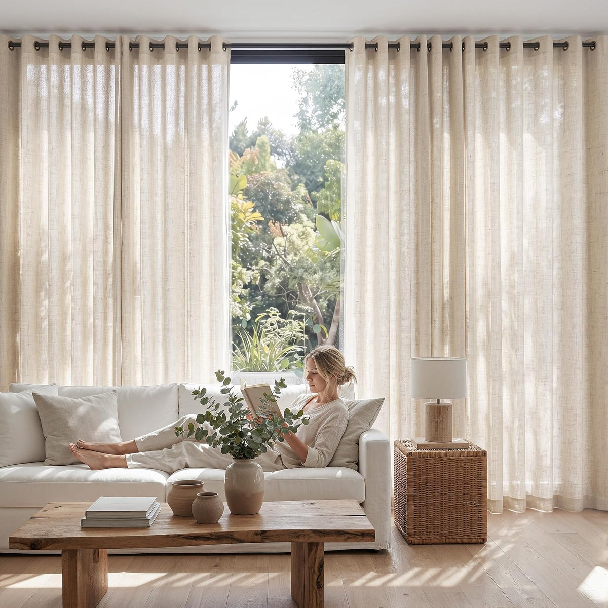 Linen Curtain 84 Inch Light Filtering Grommet 1 Panel Beige X8889