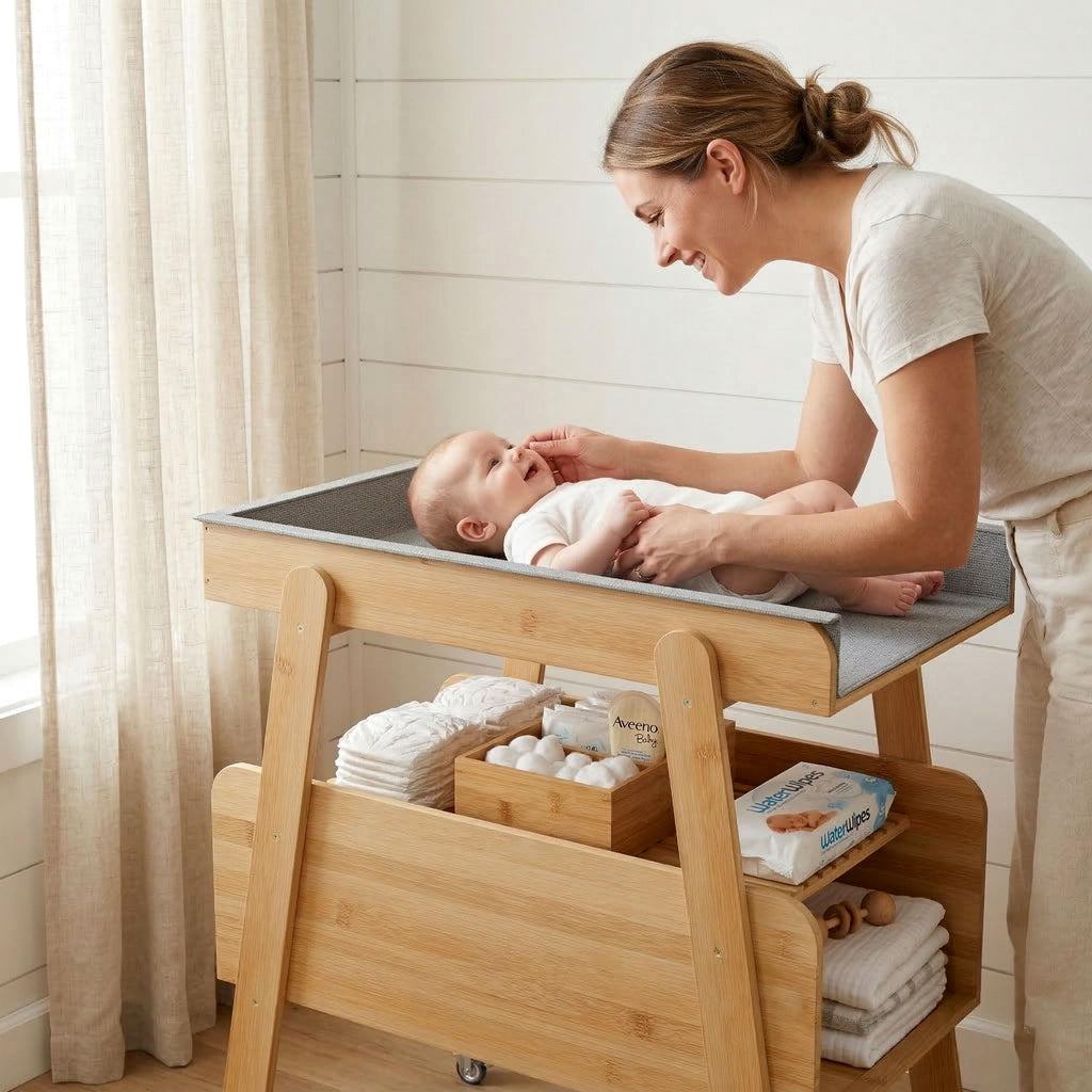 Flat Top Diaper Changing Station with Wheels and Changing Pad A273827