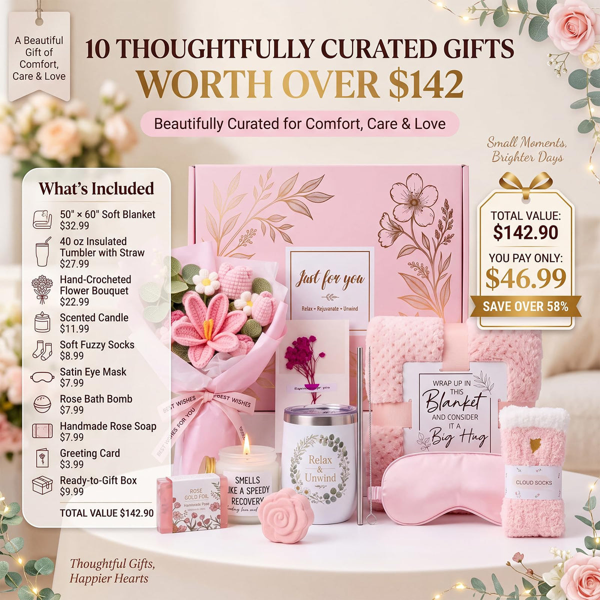 10 PCS Pink Gift Basket with Blanket, Tumbler & Crochet Flowers A700264