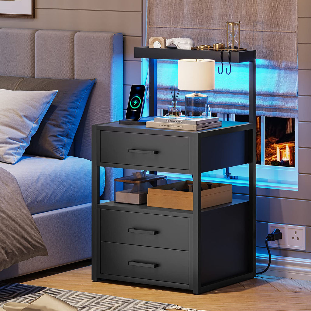 Black Nightstand with Charging Station and LED Lights, 3 Drawers R595170