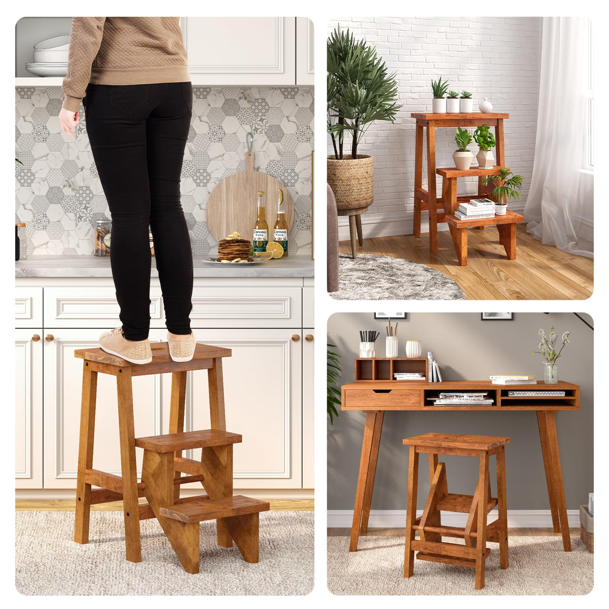 3 Tier Wood Step Ladder with Anti-Slip W326