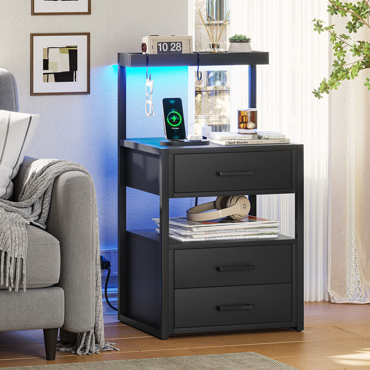 Black Nightstand with Charging Station and LED Lights, 3 Drawers R595170
